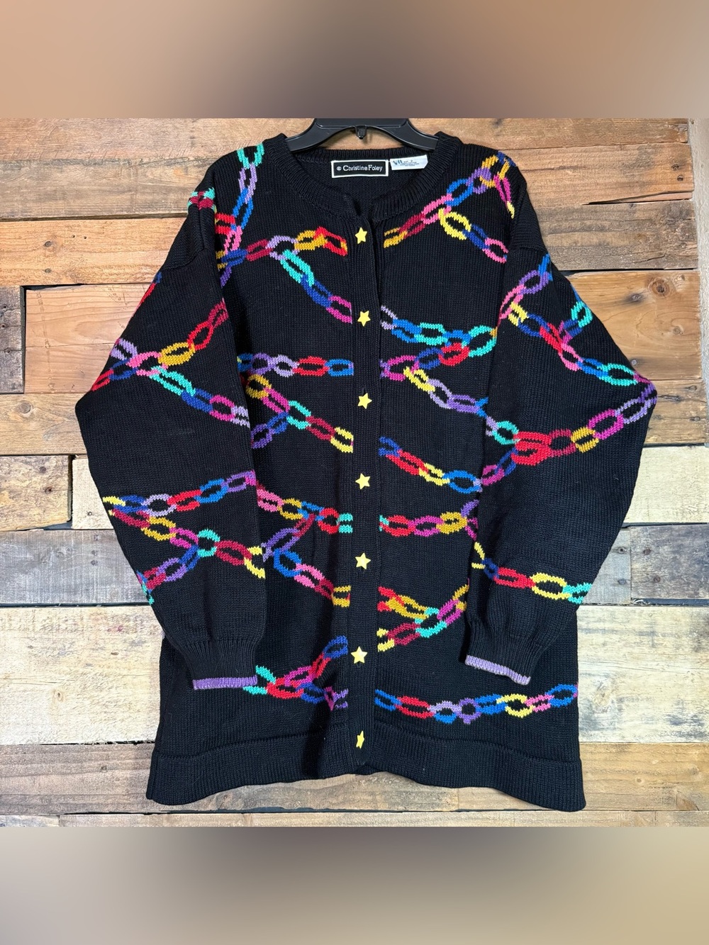 VTG Christine Foley Women Size 2 Knit Cardigan Rainbow Chains Star Buttons